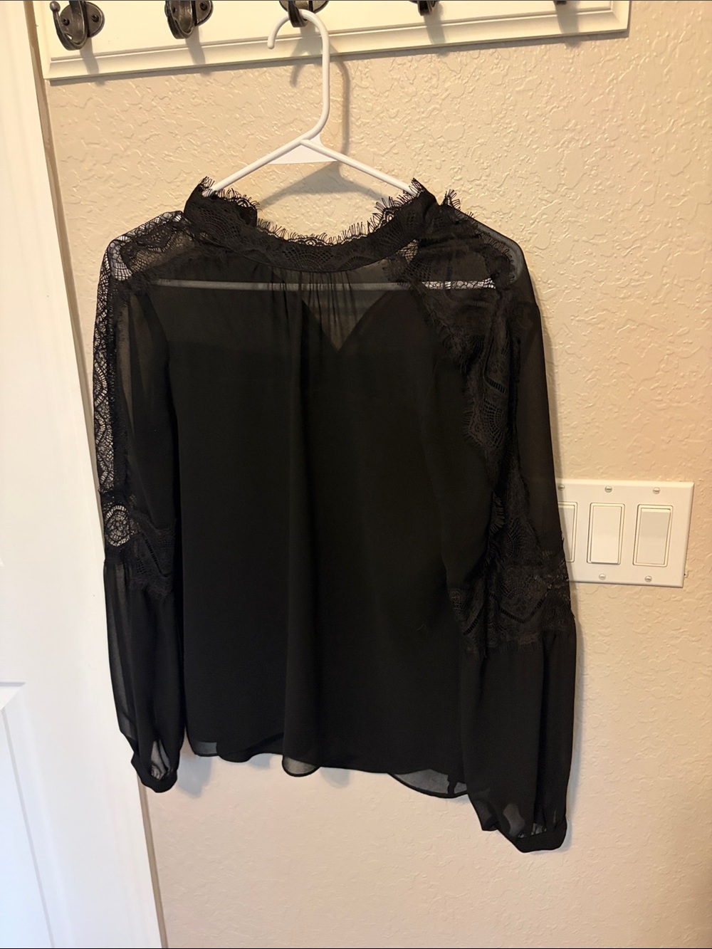 White House Black Market Black Lace-Yoke Sheer Long-Sleeve Blouse